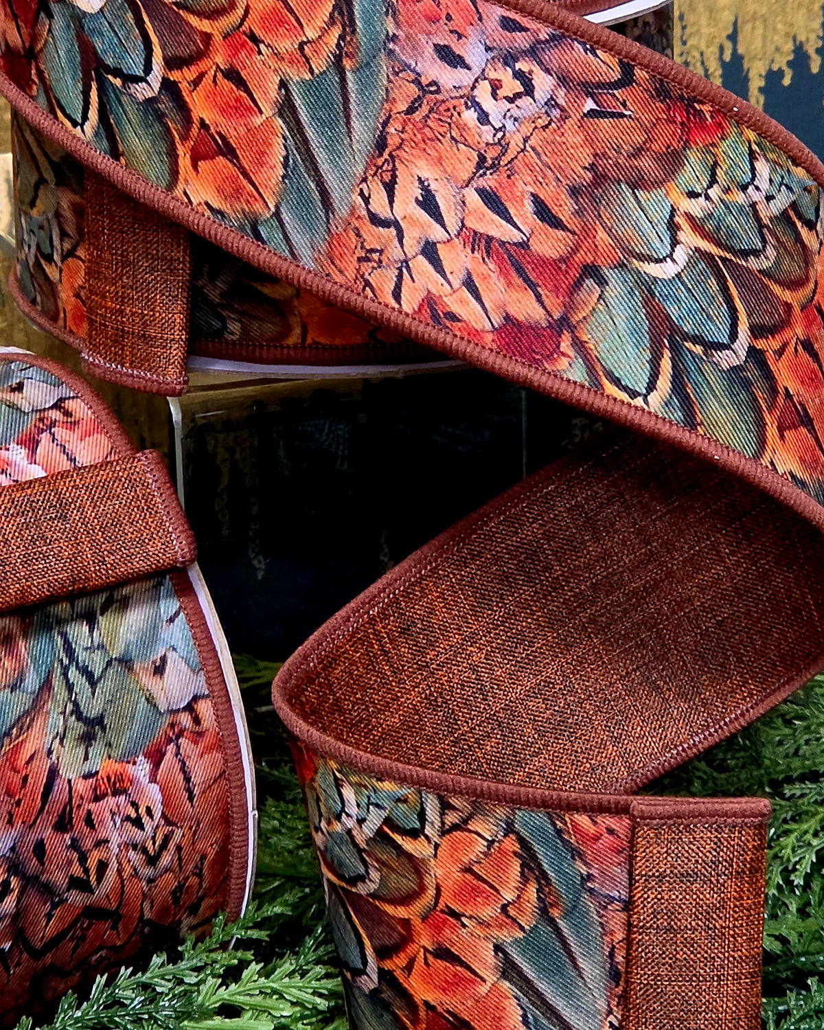 Ribbon - 2.5" Copper, Brown, Patina Pheasant Feather