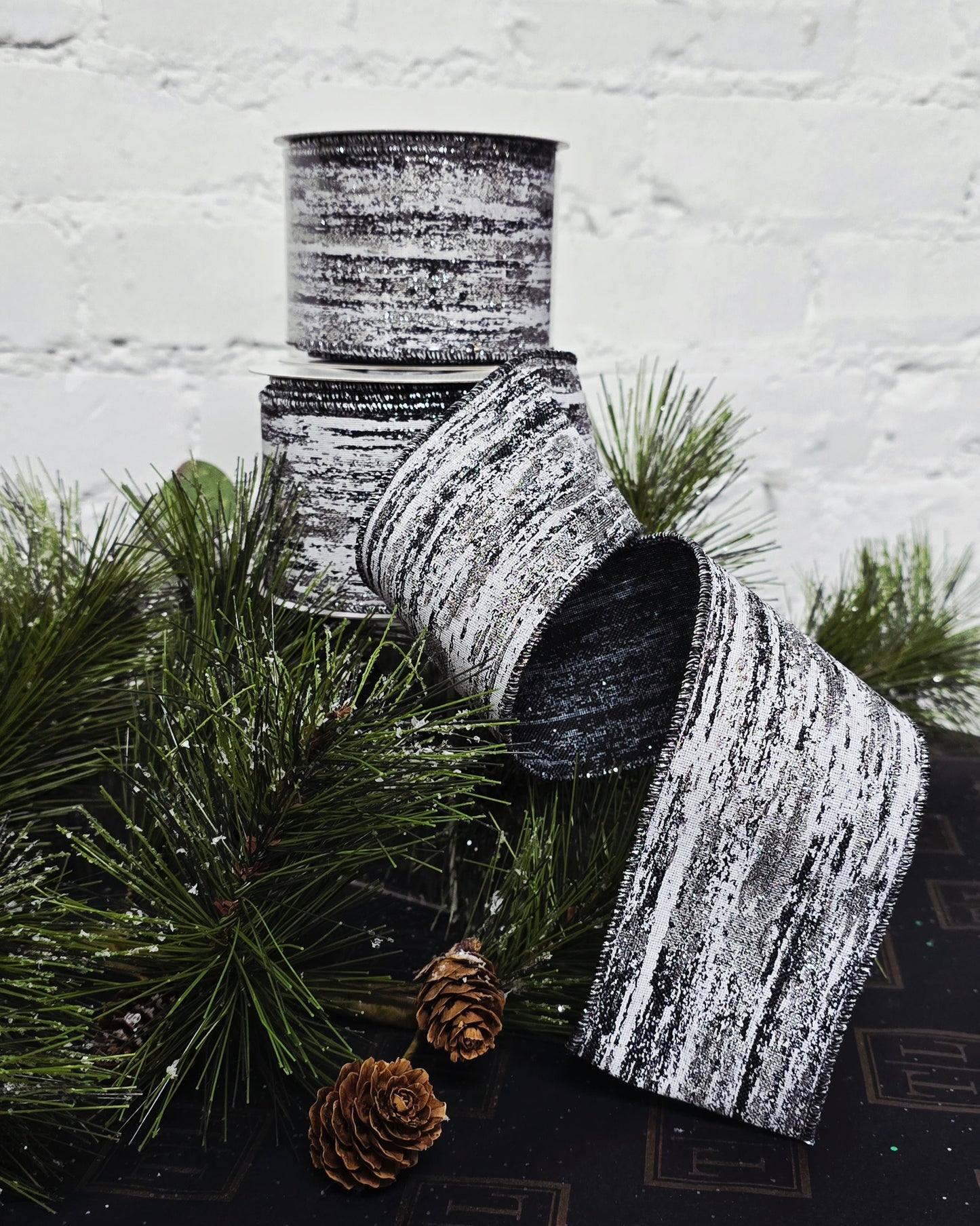 Ribbon - 2.5" x 10yds, Black White Silver Brushstroke Wired