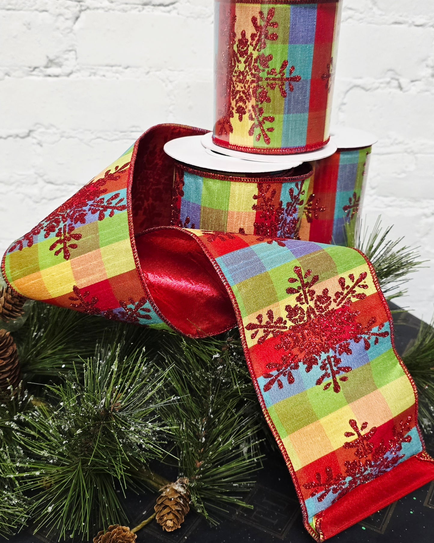Ribbon - 4" x 5yds, Rainbow Gingham with Red Snowflakes