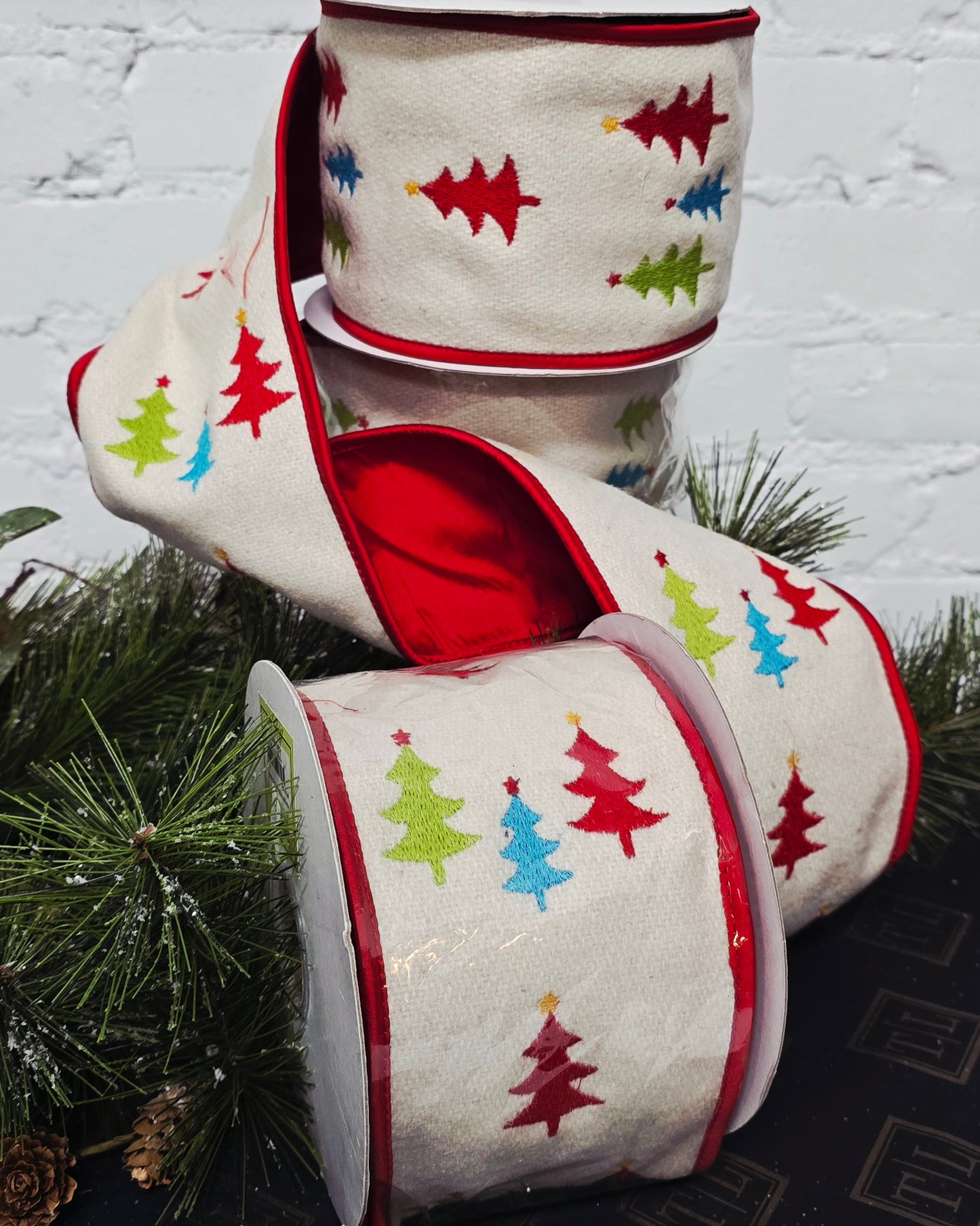 Ribbon - 4" x 5yds Ivory Wool with Tree Embroidery