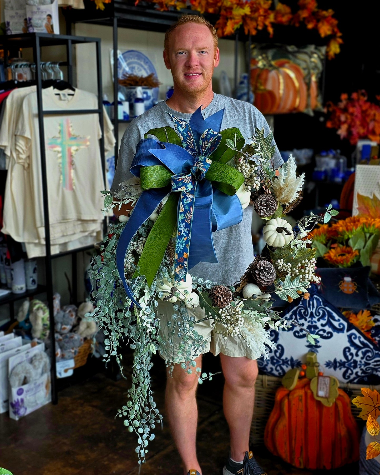 28" Mixed, Cream/ Blue Harvest Wreath with Bow