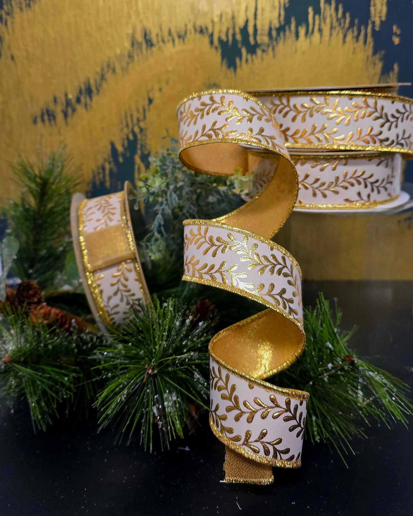 Ribbon - 1.5" x 10yd, Gold Ivy Ribbon