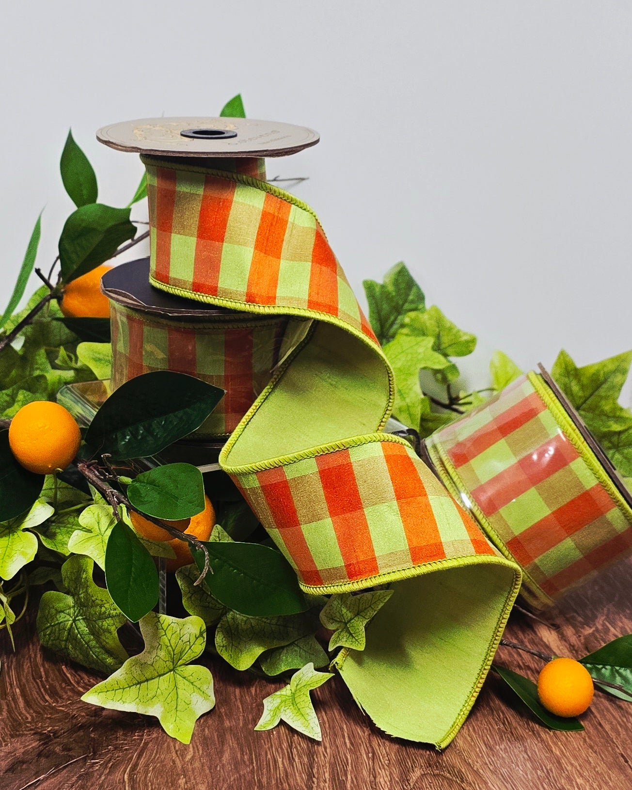 Ribbon - 2.5" x 10 yd, Orange Lime Gingham