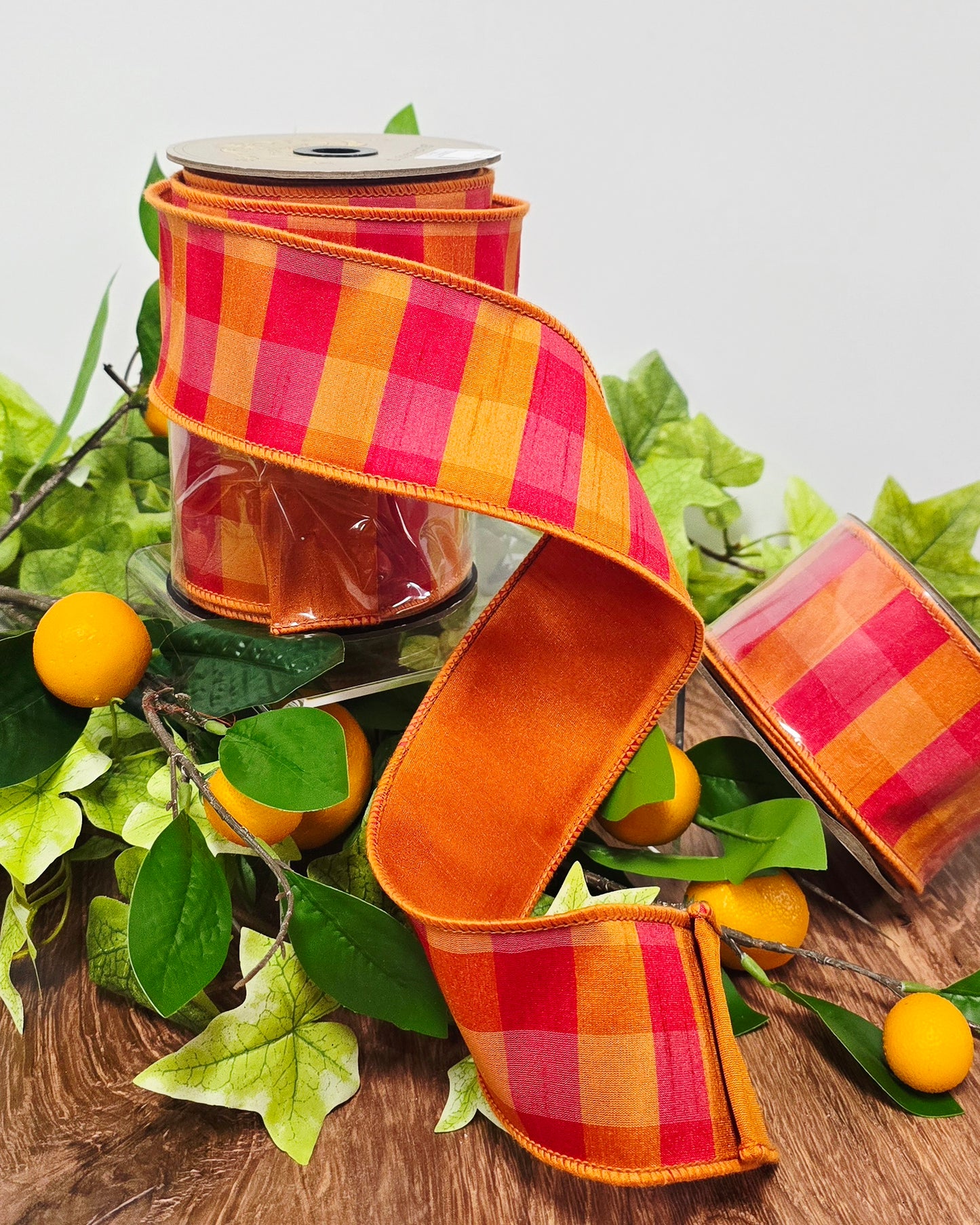 Ribbon - 2.5" x 10 yd, Fushia Orange Gingham