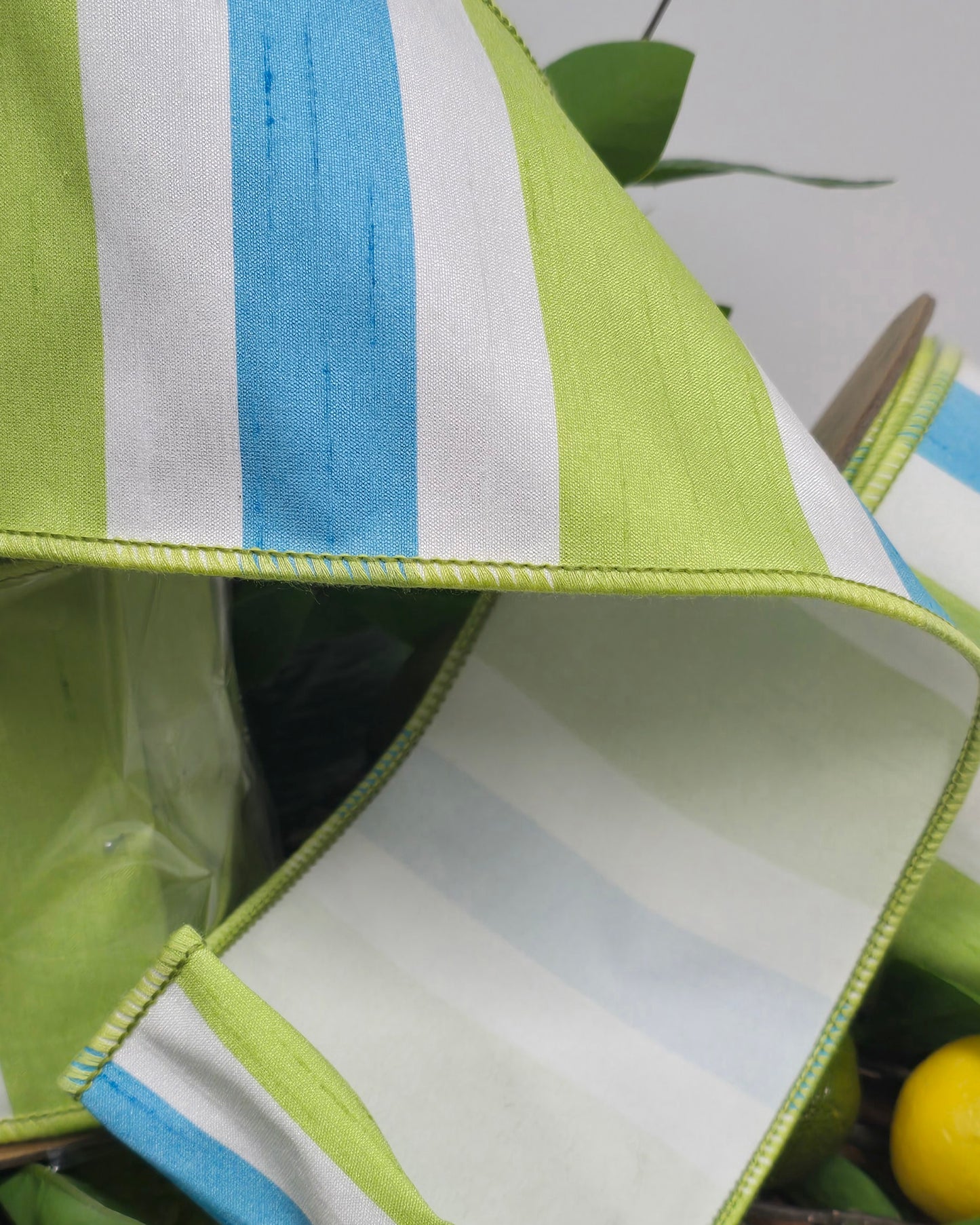 Ribbon - 4" x 10yd, Lime White Cerulean Cabana Stripe