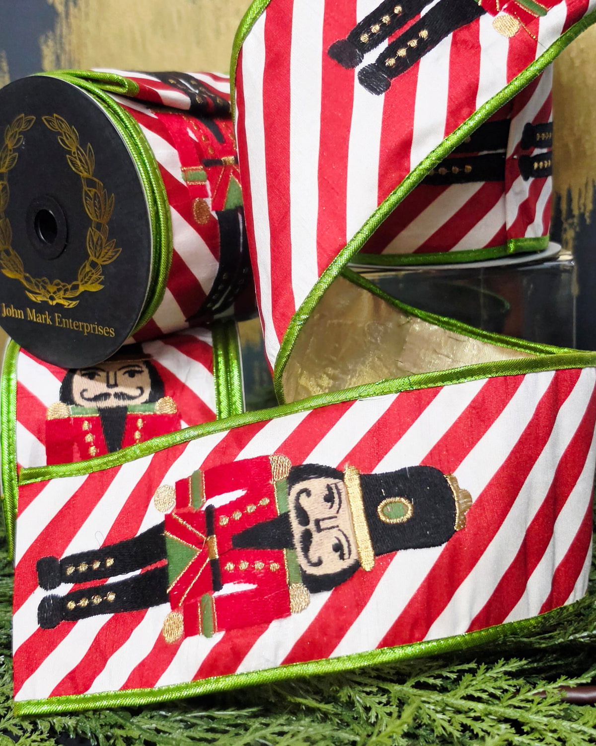 Ribbon - John Mark Enterprises - 4" Embroidered Candy Stripe Nutcracker