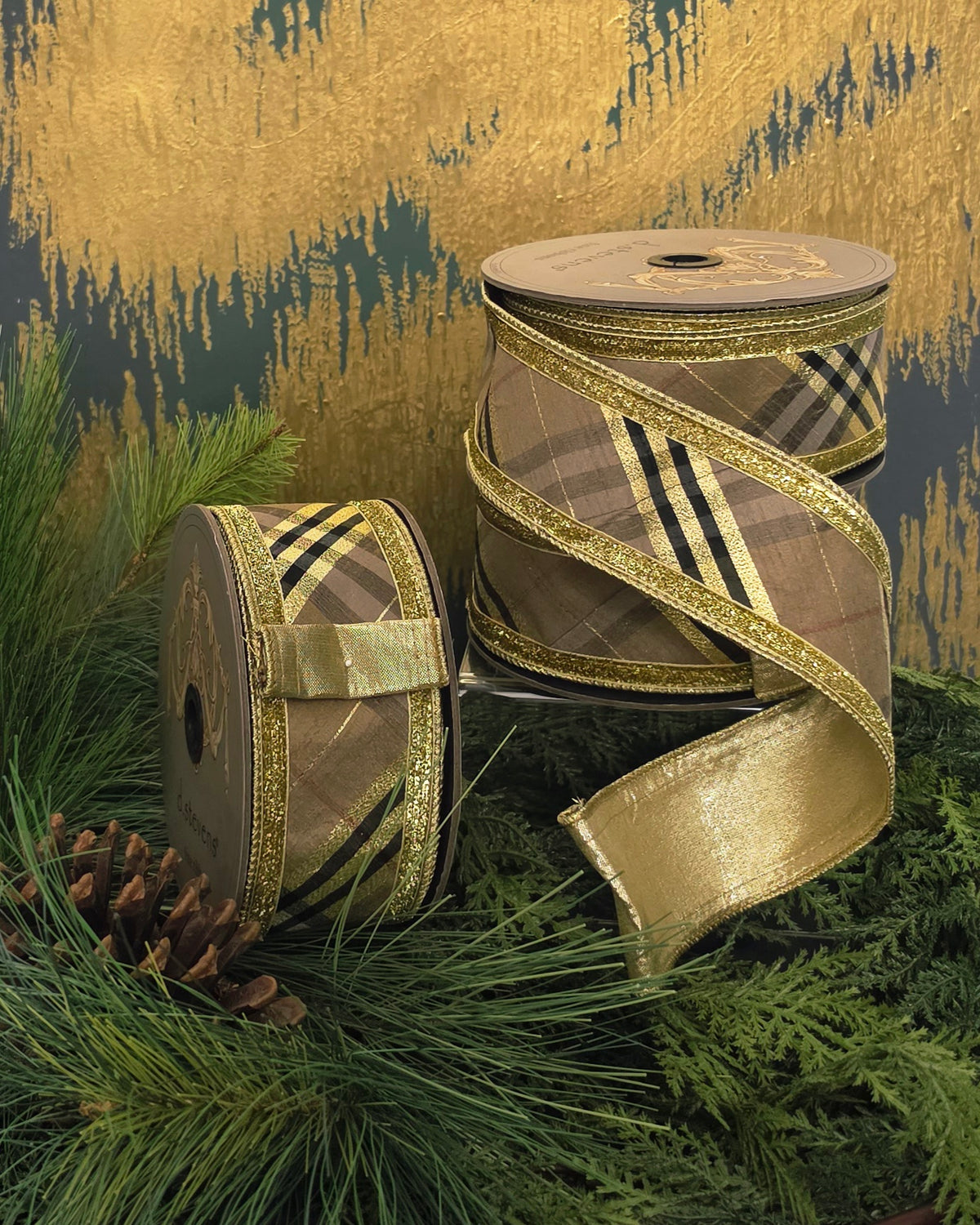 Ribbon - 2.5" x 10yd, Burberry Style Check with Gold Back