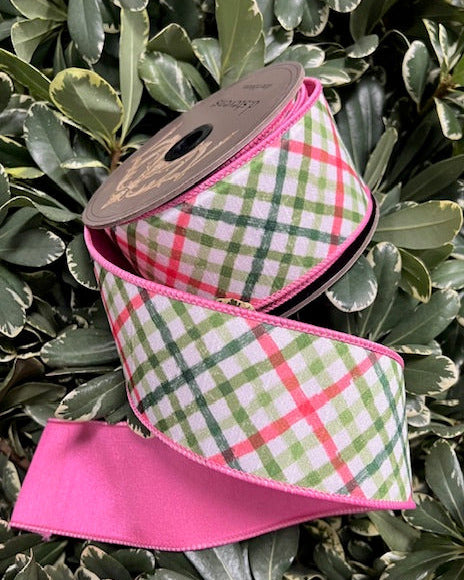 Ribbon - 2.5" x 10yds Wired, Pink Green Plaid