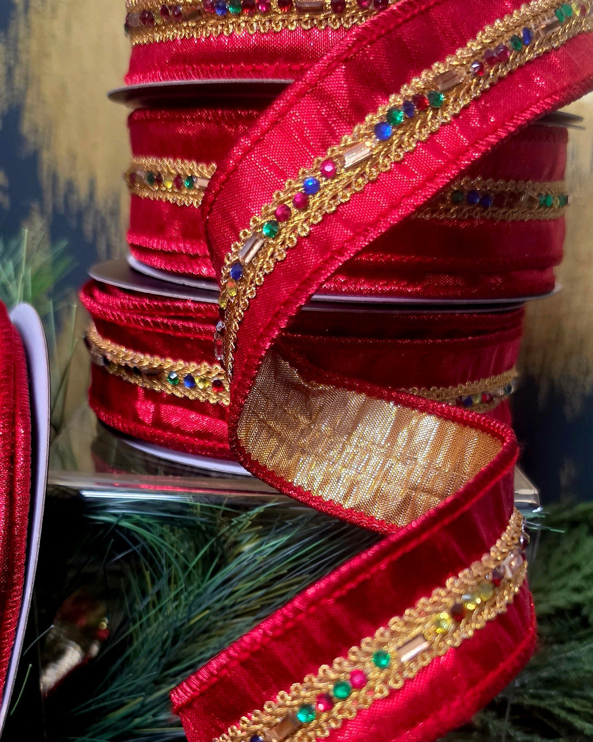 Ribbon - John Mark Enterprises - 1.5" Jewel Trimmed Metallic Red with Gold