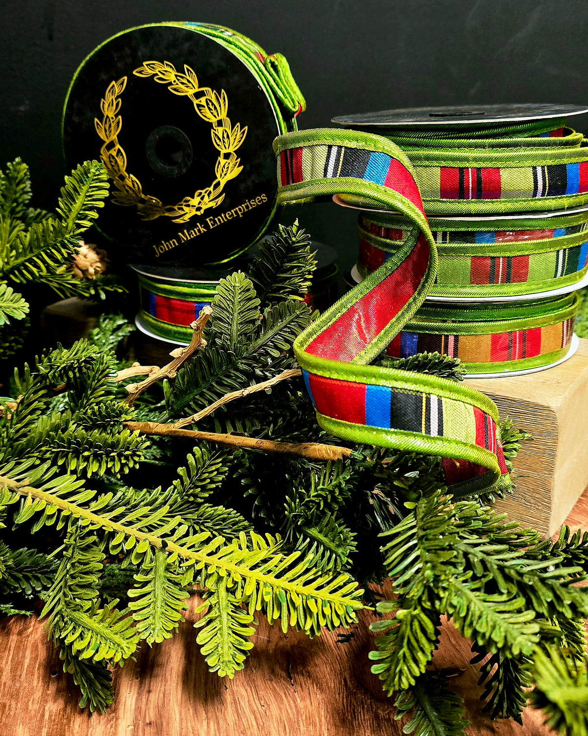 Ribbon - John Mark Enterprises - 1" Red Lime Cobalt Holiday Plaid