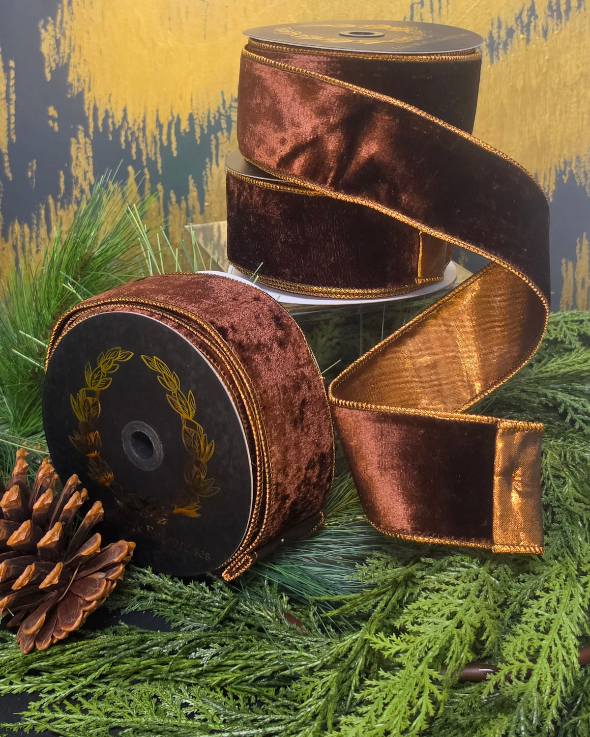 Ribbon - John Mark Enterprises - 2.5" Brown Velvet with Bronze Backing