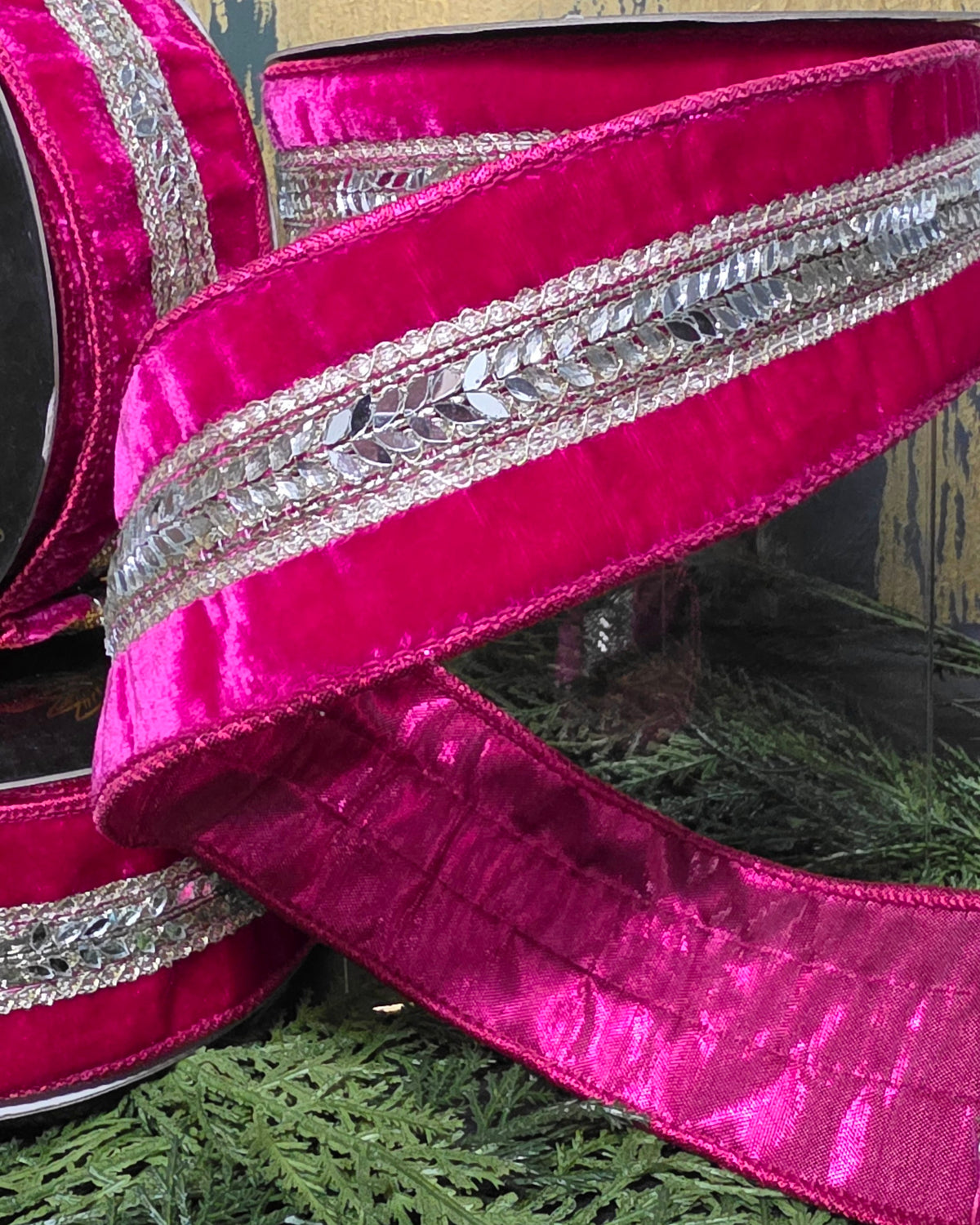 Ribbon - John Mark Enterprises - 2.5" Fushia Velvet with Mirror Jeweled Center