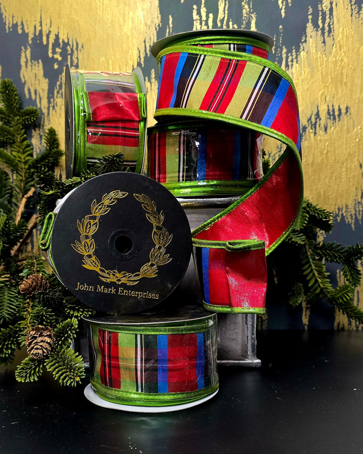 Ribbon - John Mark Enterprises - 2.5" Red, Lime, Cobalt Holiday Plaid