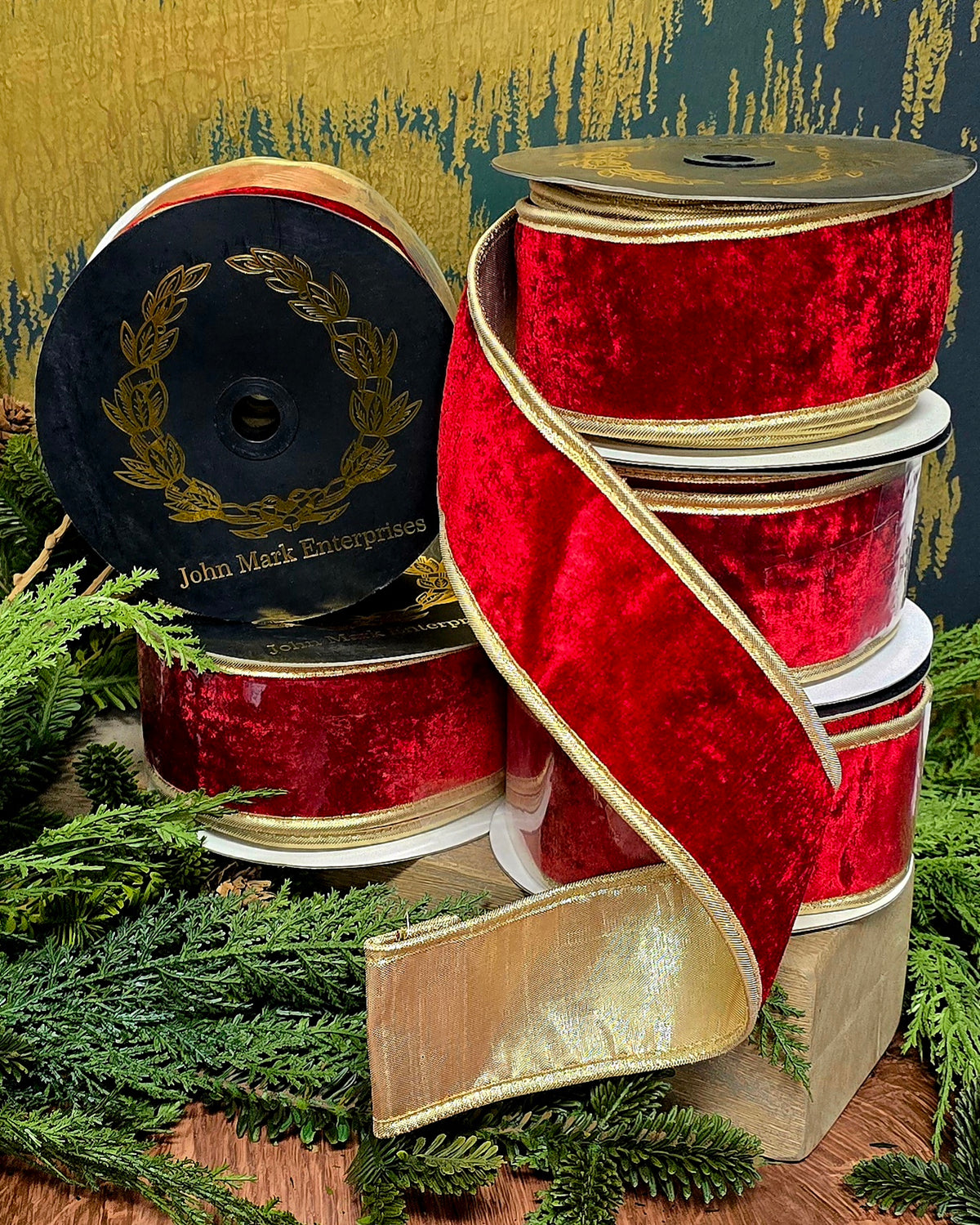 Ribbon - John Mark Enterprises - 2.5" Red Velvet with Gold Piping Wired Edge
