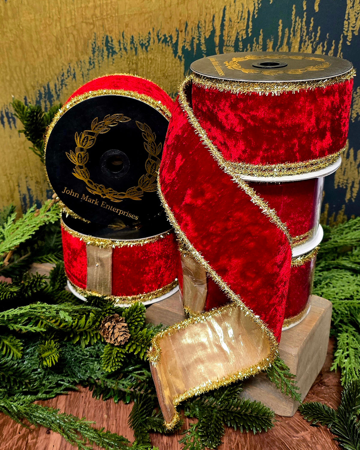 Ribbon - John Mark Enterprises - 2.5" Red Velvet with Double Fused Gold Tinsel Edge