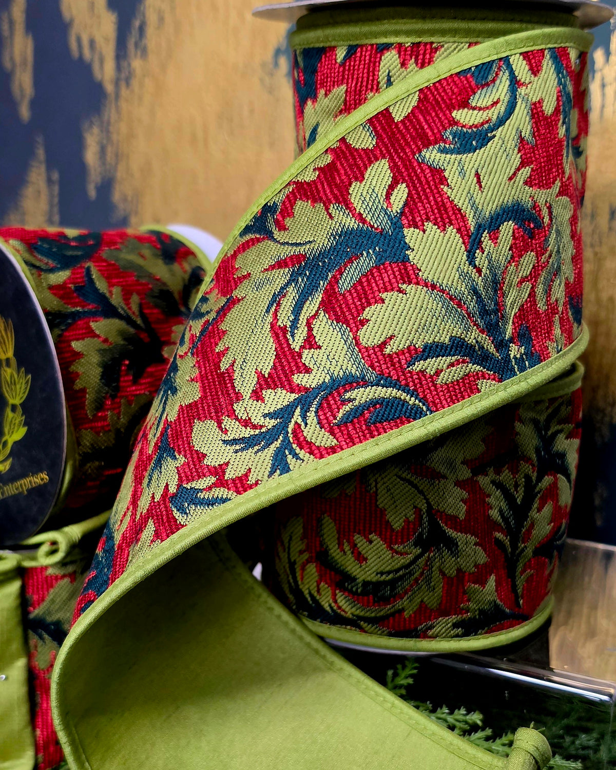 Ribbon - John Mark Enterprises - 4" Red & Apple Green Acanthus Jacqard