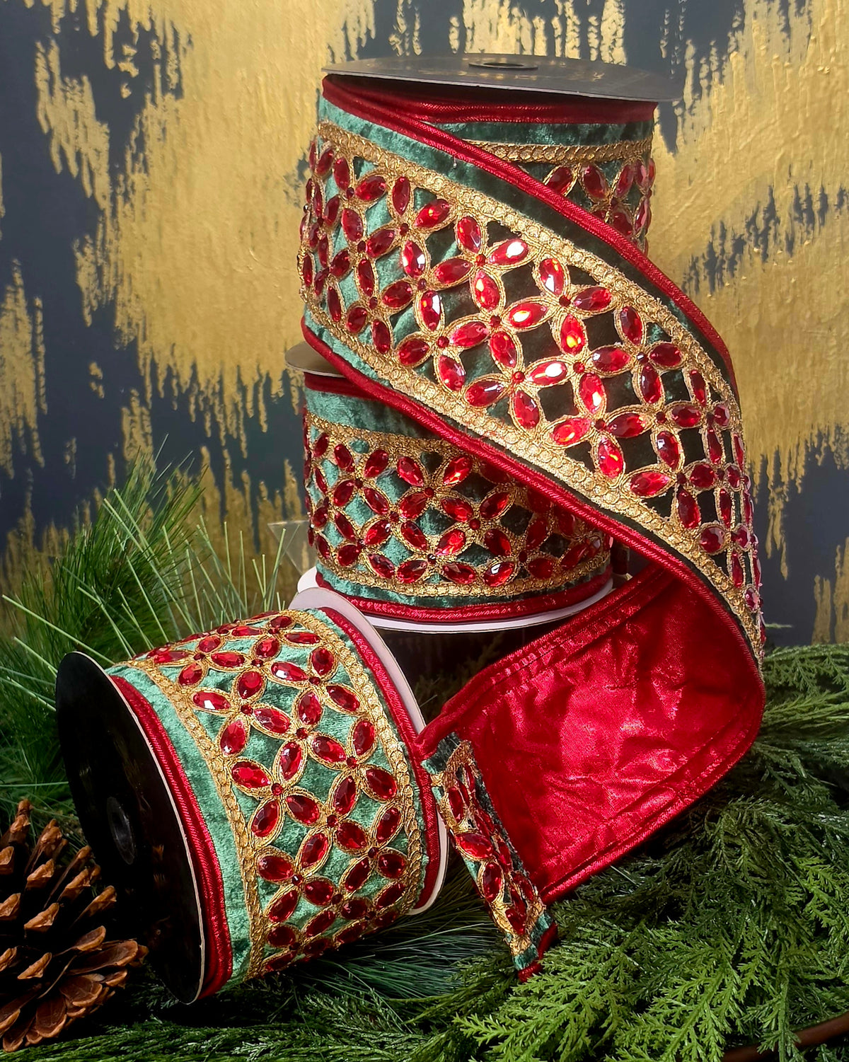 Ribbon - John Mark Enterprises - 4" Green Velvet with Red Jeweled Florets