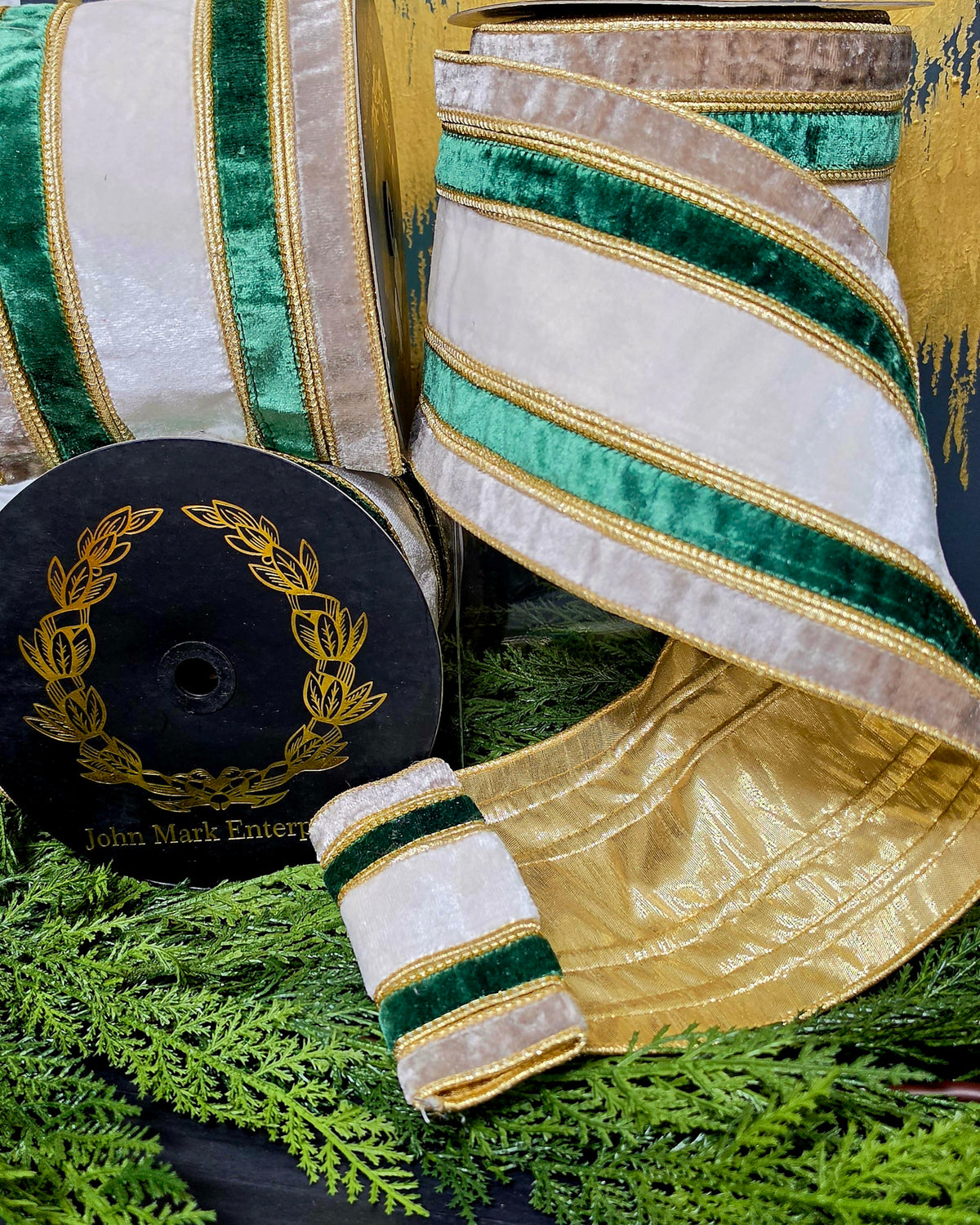 Ribbon - John Mark Enterprises - 6" Ultra Wide Velvet Stripe White, Taupe, & Emerald