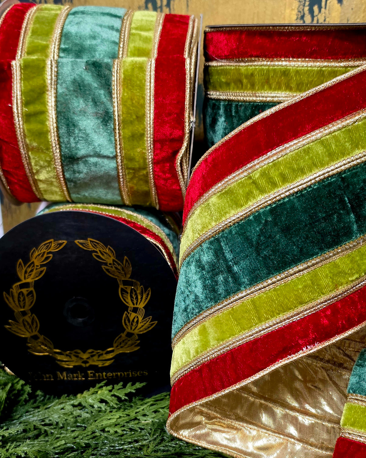 Ribbon - John Mark Enterprises - 6" Ultra Wide Velvet Stripe Red, Apple, & Emerald