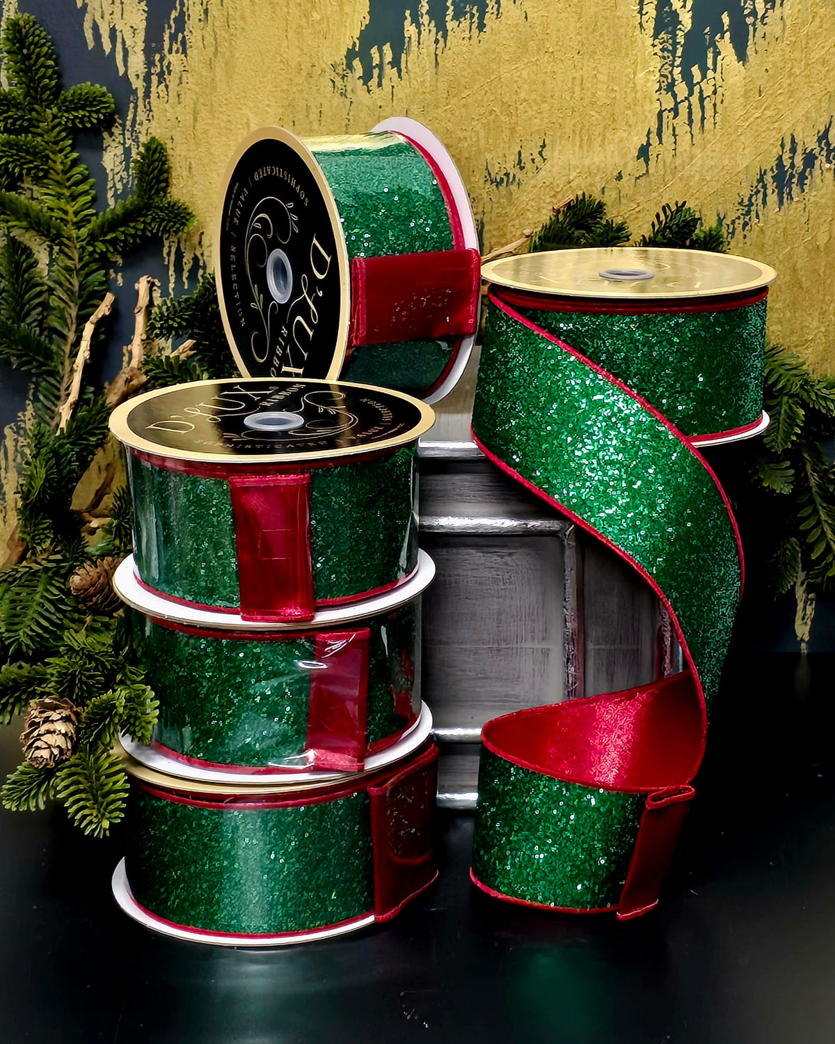 Ribbon - 2.5" Emerald Glitter with Reversible Red Glimmer