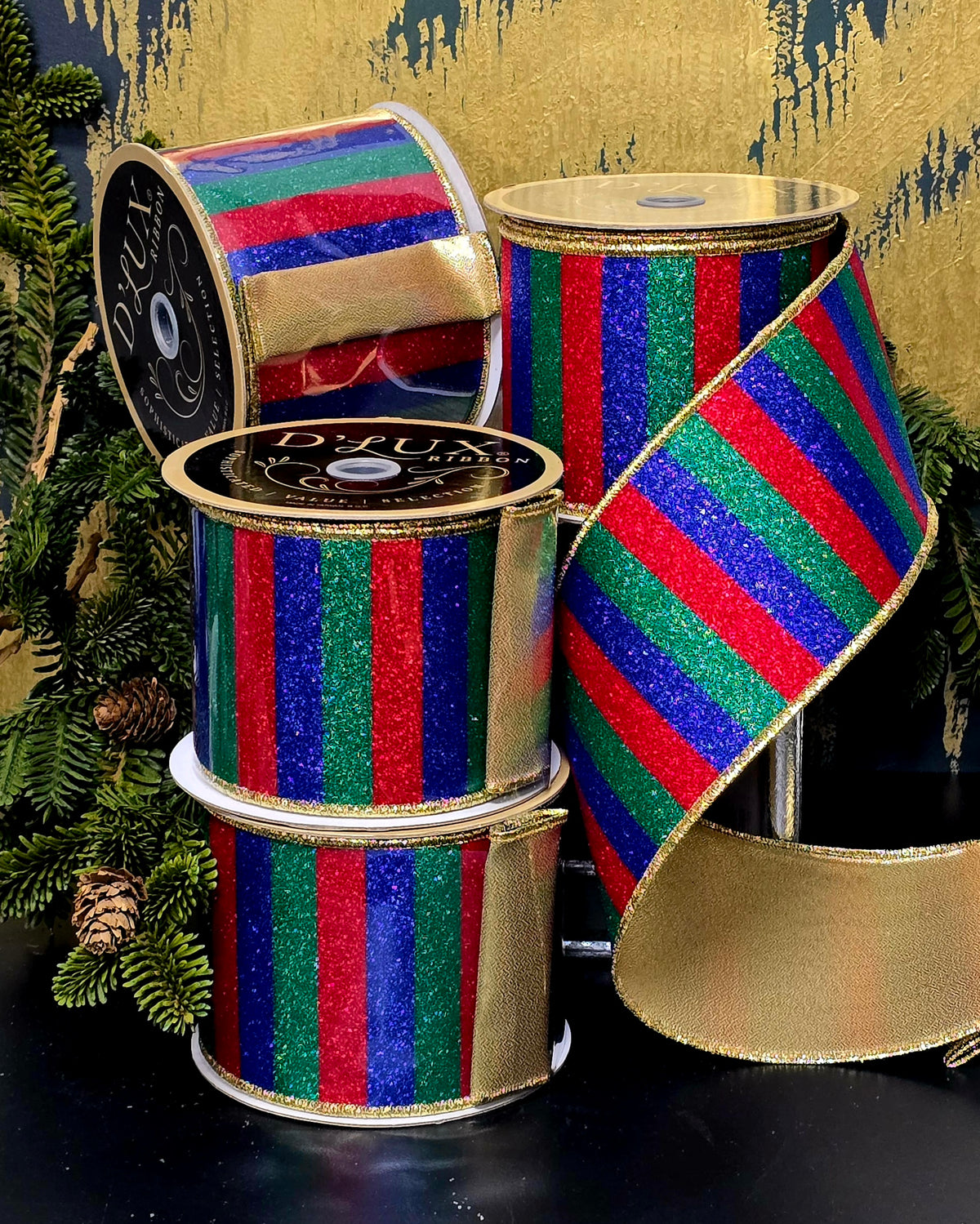 Ribbon - 4" Glitter Cobalt, Emerald, & Red Block Stripe