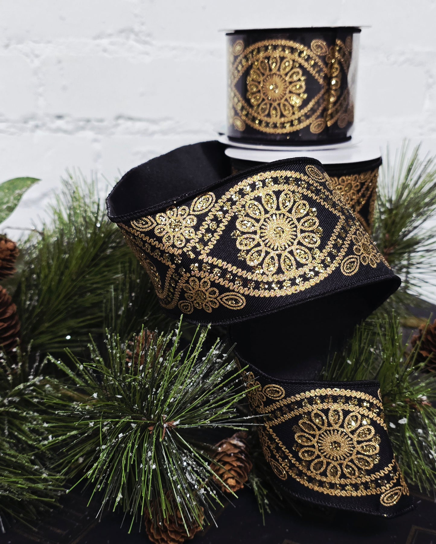 Ribbon - 2.5" x 10yds, Black Gold Deluxe Floral Wave