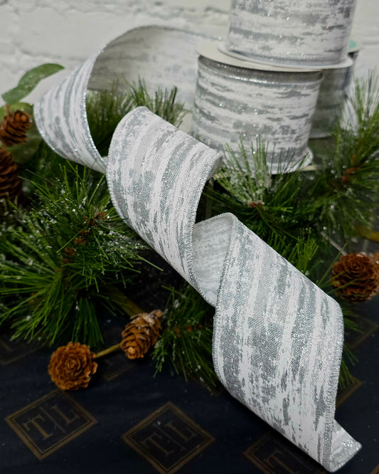 Ribbon - 2.5" x 10yds, Silver, Grey, White Brushstroke Wired