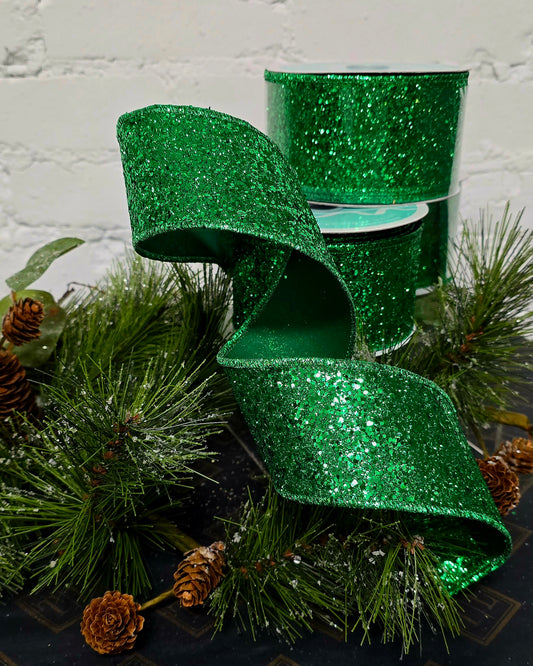 Ribbon - 2.5" x 10yds, Emerald Green Glitter Wired