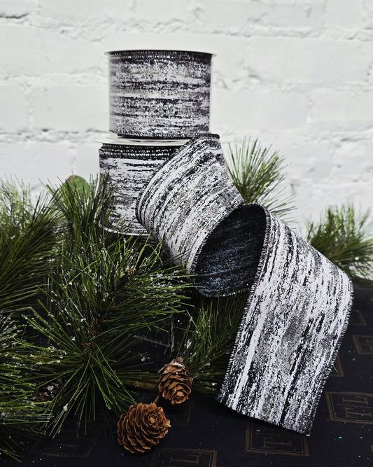 Ribbon - 2.5" x 10yds, Black White Silver Brushstroke Wired