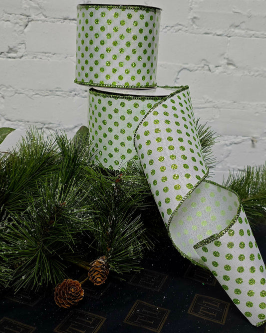 Ribbon - 4" x 10yds, White with Lime Glitter Dots
