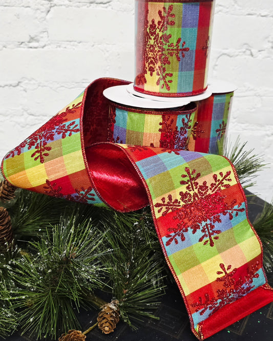 Ribbon - 4" x 5yds, Rainbow Gingham with Red Snowflakes