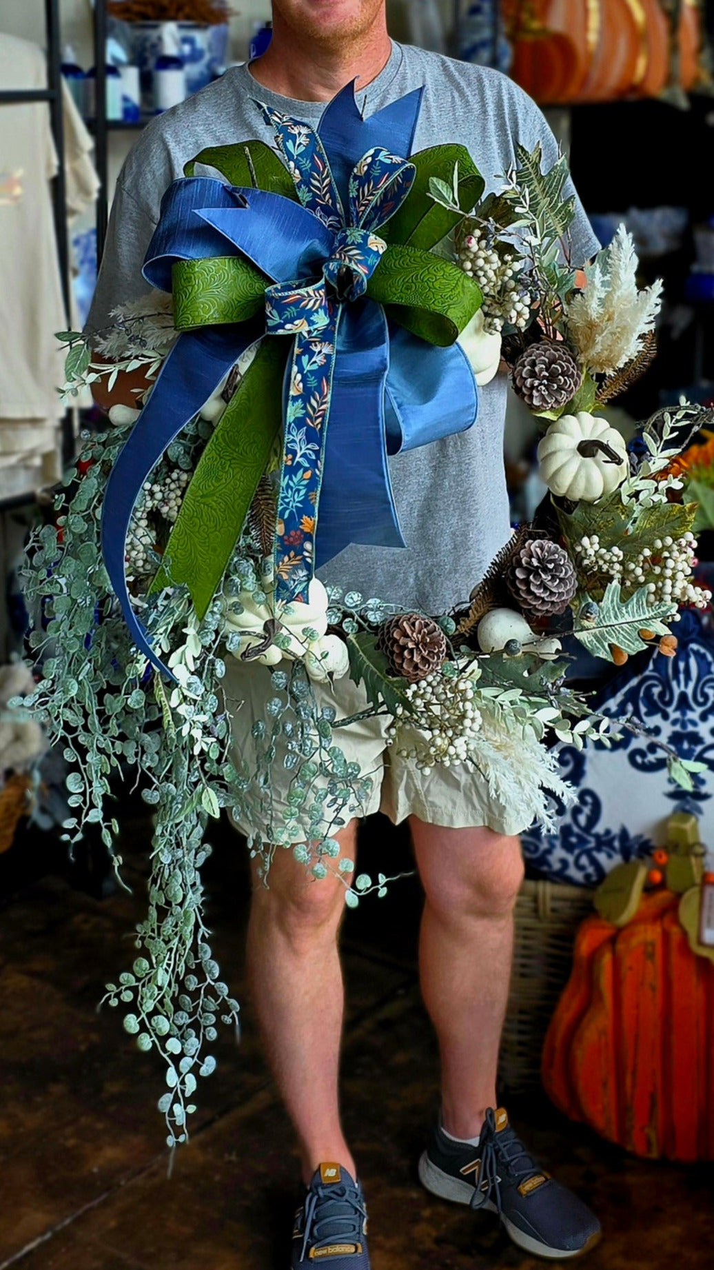 28" Mixed, Cream/ Blue Harvest Wreath with Bow