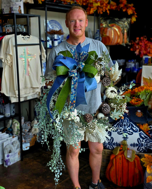 28" Mixed, Cream/ Blue Harvest Wreath with Bow