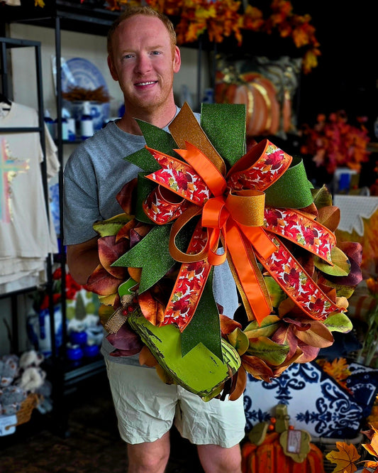 24" Mixed Autumn Wreath with Wood Pumpkin Accent