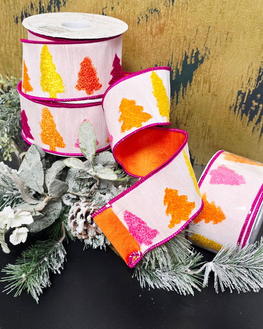 Ribbon - 2.5" x 10yd, Christmas Tree Embroidery on White Dupioni