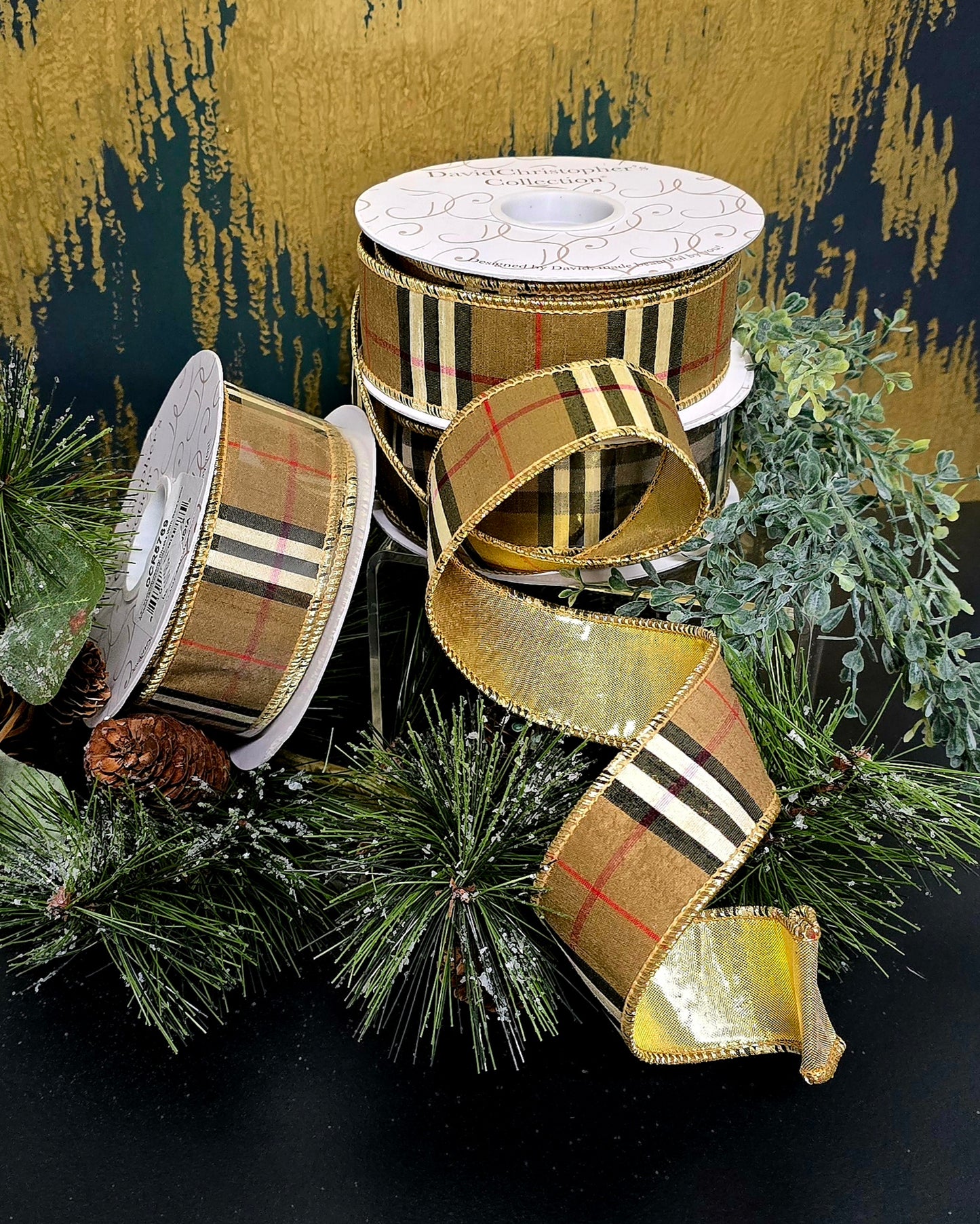 Ribbon - 1.5" x 10yd, Burberry Check with Gold Back