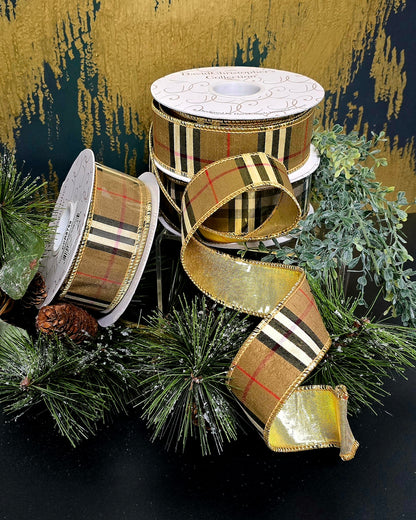 Ribbon - 1.5" x 10yd, Burberry Check with Gold Back