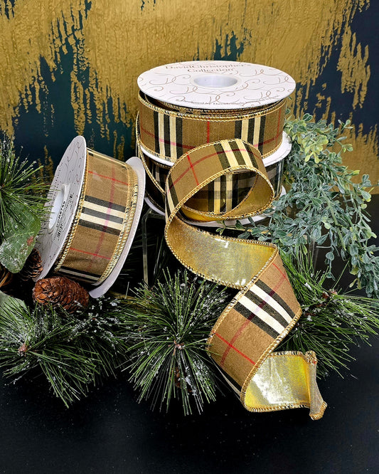 Ribbon - 1.5" x 10yd, Burberry Check with Gold Back