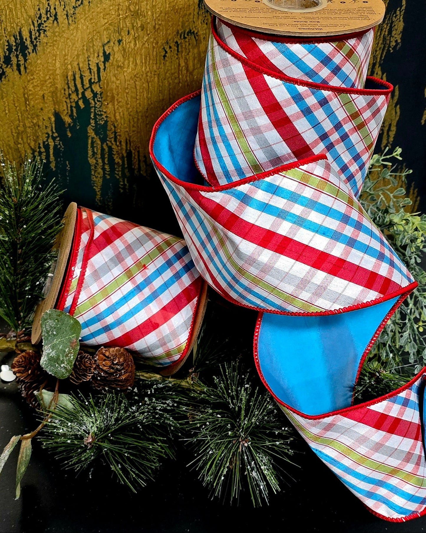 Ribbon - 4" x 10yd, Turquoise, Red, Apple Green Plaid Ribbon