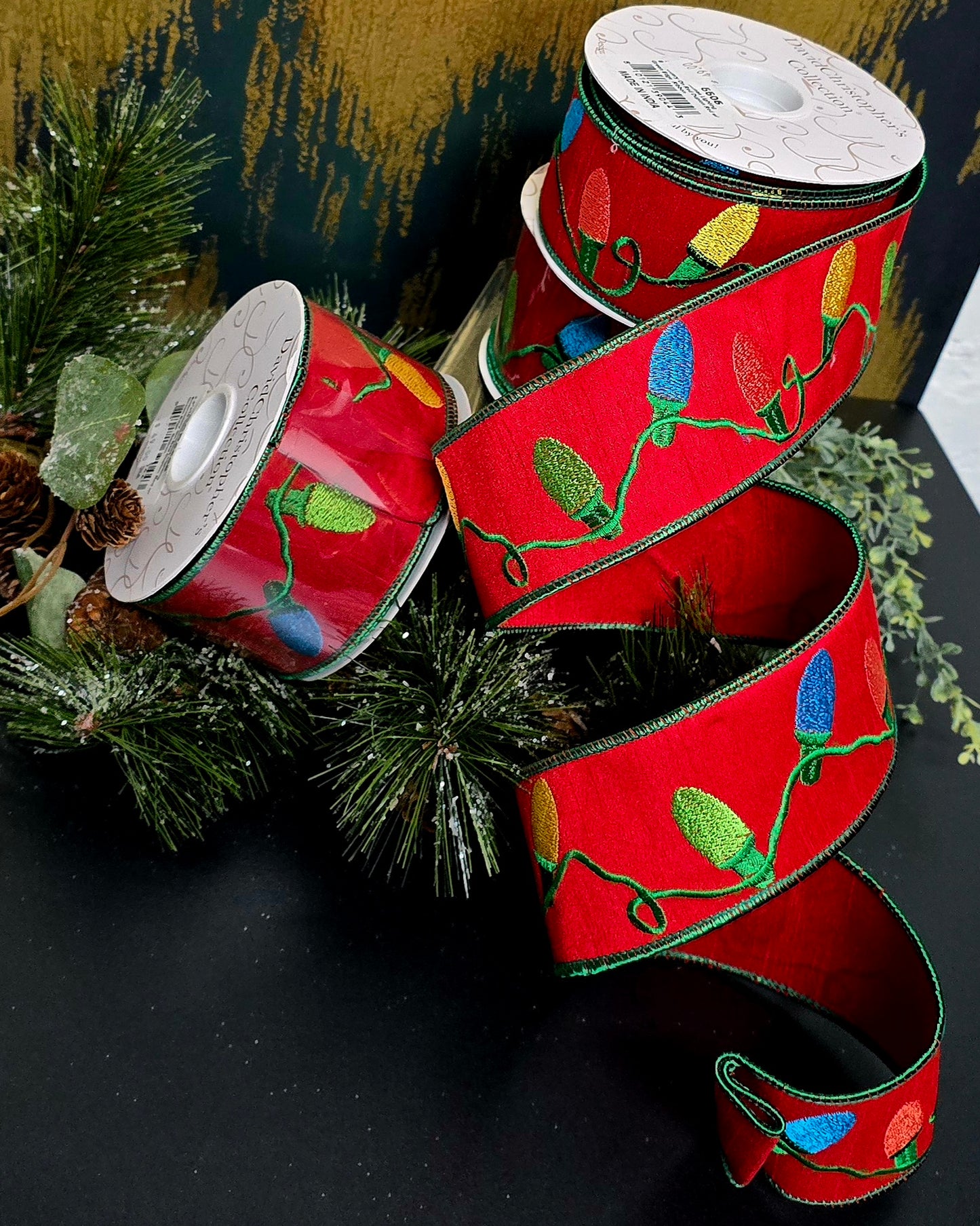 Ribbon - 2.5" x 10yd, Christmas Light Embroidered Ribbon