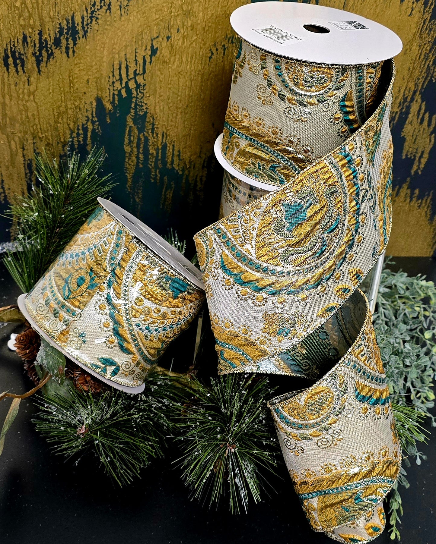 Ribbon - 4" x 10yd Teal, Mustard, Champagne Ribbon