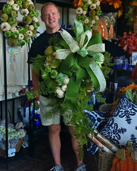24" Green & Cream Velvet Pumpkin Wreath