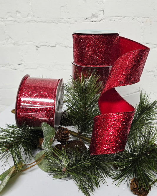 Ribbon - 2.5" x 10yd, Red Glitter Ribbon
