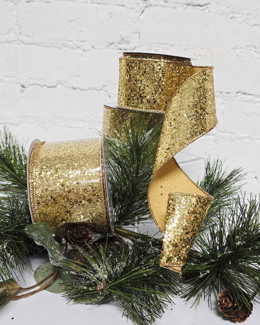 Ribbon - 2.5" x 10yd, Gold Glitter Ribbon