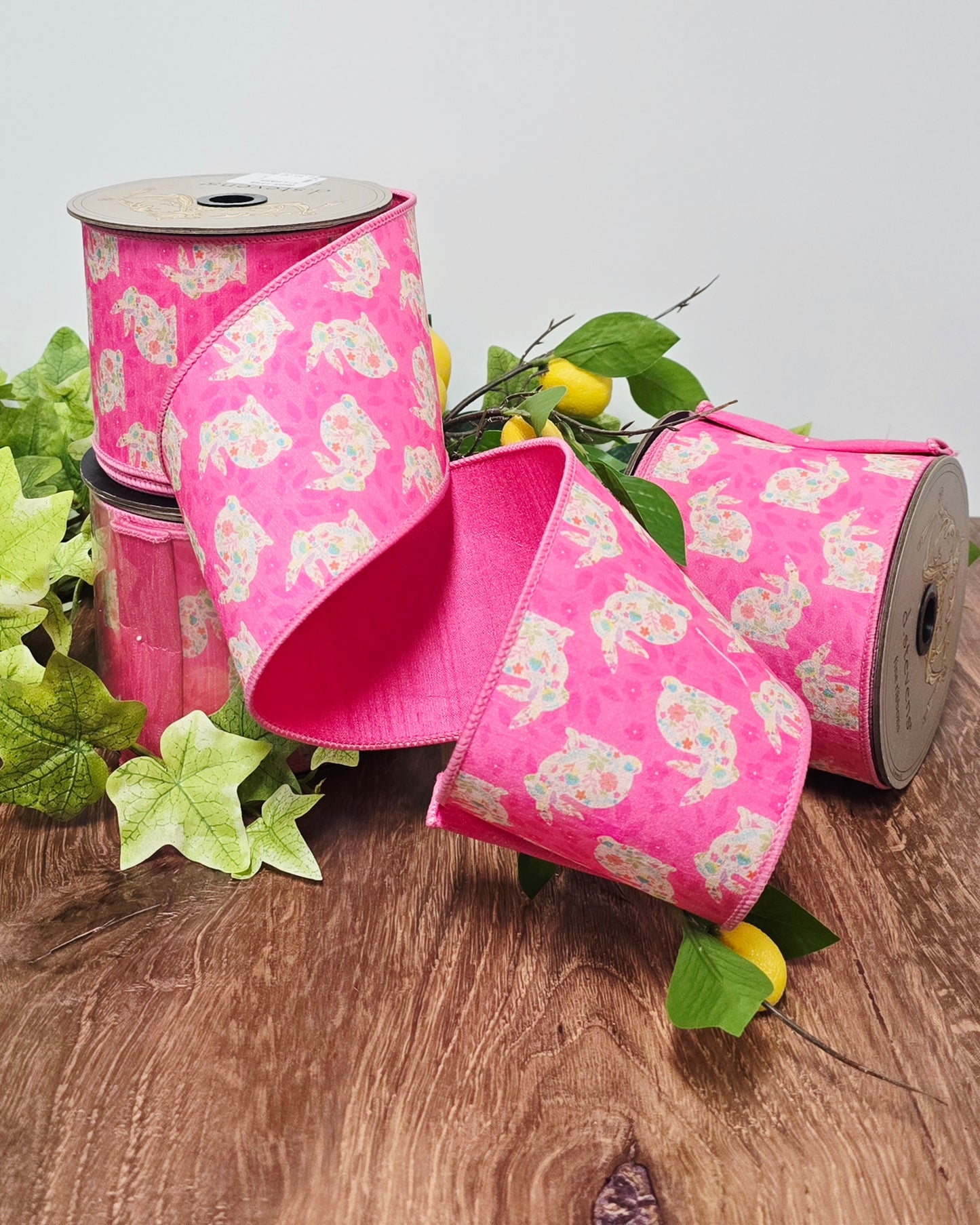 Ribbon - 4" x 10 yds, Fushia Floral Rabbit
