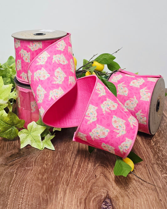 Ribbon - 4" x 10 yds, Fushia Floral Rabbit