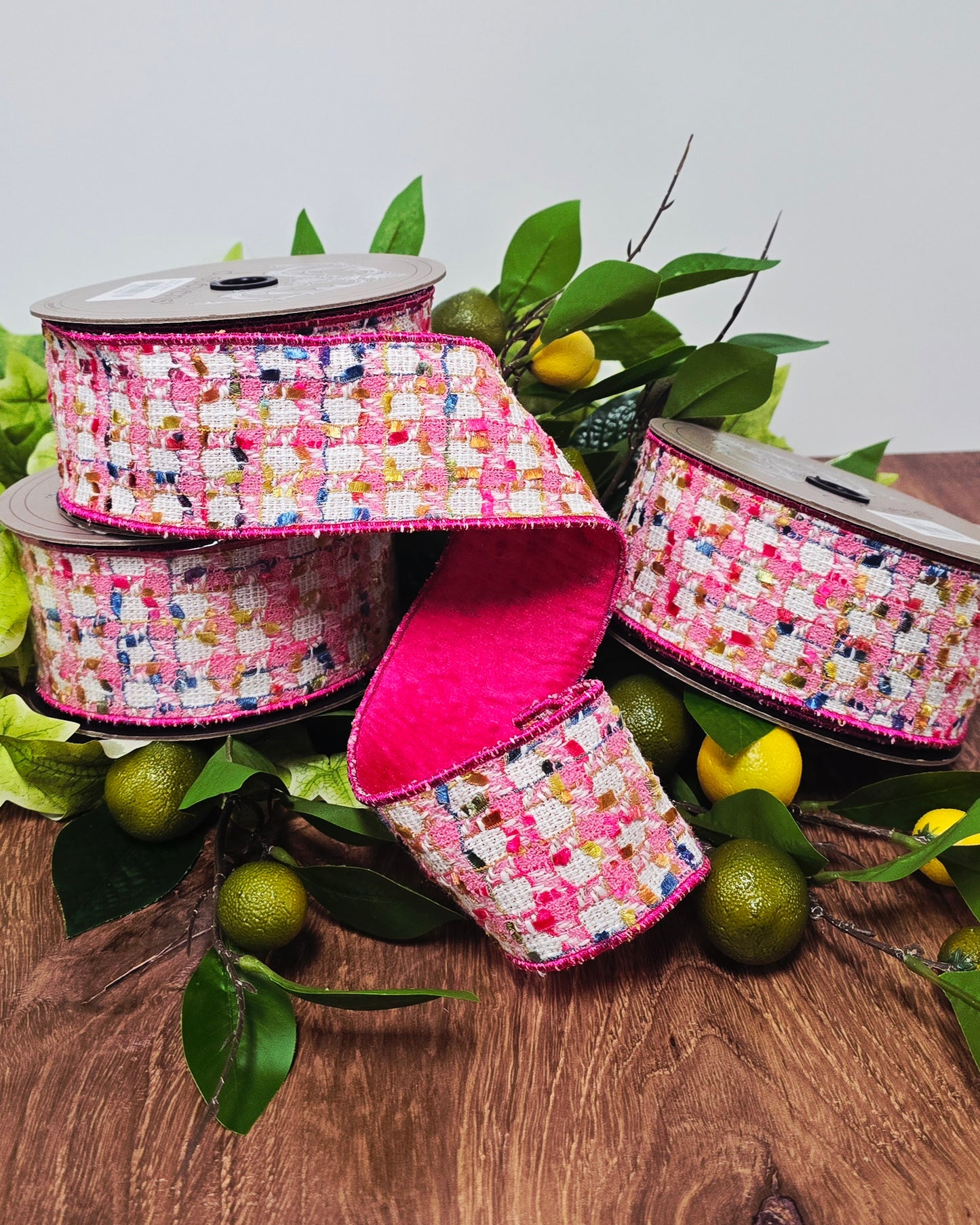 Ribbon - 2.5" x 10 yd, Fushia White Tweed