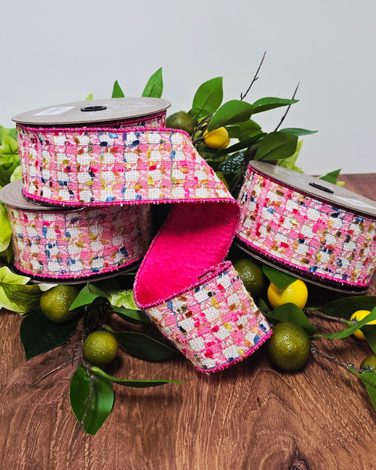 Ribbon - 2.5" x 10 yd, Fushia White Tweed