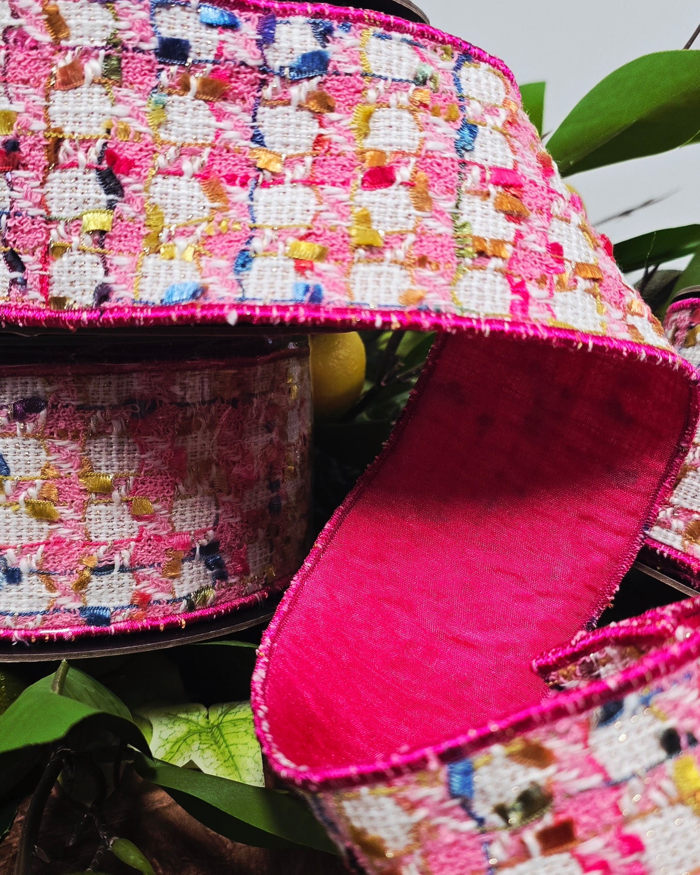 Ribbon - 2.5" x 10 yd, Fushia White Tweed