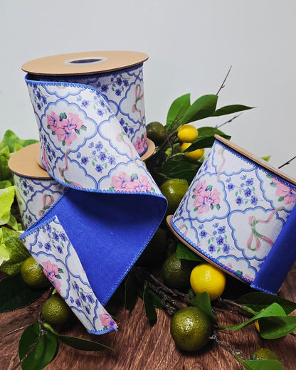 Ribbon - 4" x 10yd, Blue Bows & Floral
